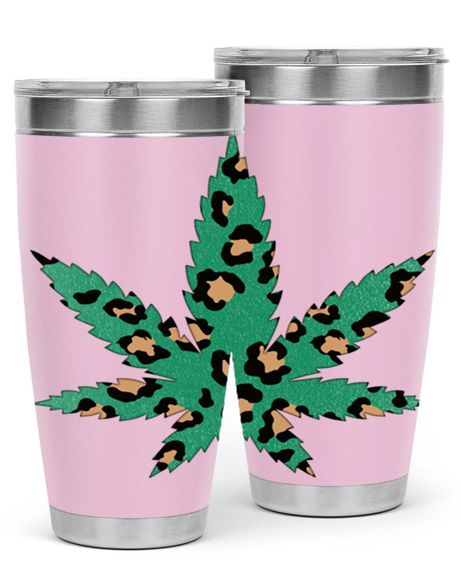 A stylish Cannabis Leopard Print 54# tumbler featuring a double wall vacuum design, perfect for keeping beverages hot or cold.