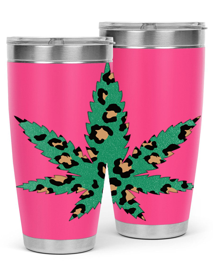 A stylish Cannabis Leopard Print 54# tumbler featuring a double wall vacuum design, perfect for keeping beverages hot or cold.