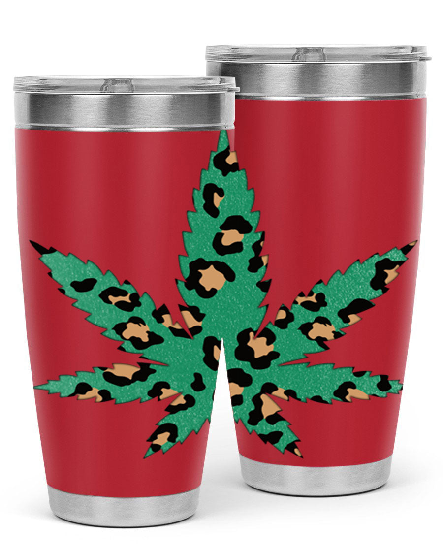 A stylish Cannabis Leopard Print 54# tumbler featuring a double wall vacuum design, perfect for keeping beverages hot or cold.