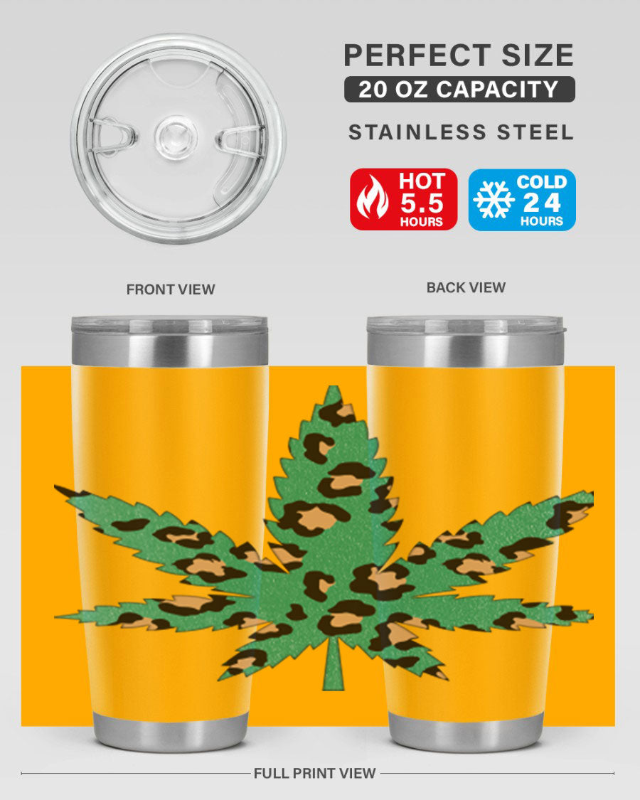 A stylish Cannabis Leopard Print 54# tumbler featuring a double wall vacuum design, perfect for keeping beverages hot or cold.