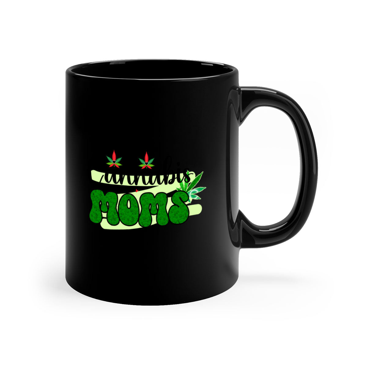 Cannabis Moms 50# Mug featuring a glossy finish, colored handle, and interior, available in multiple colors and sizes.