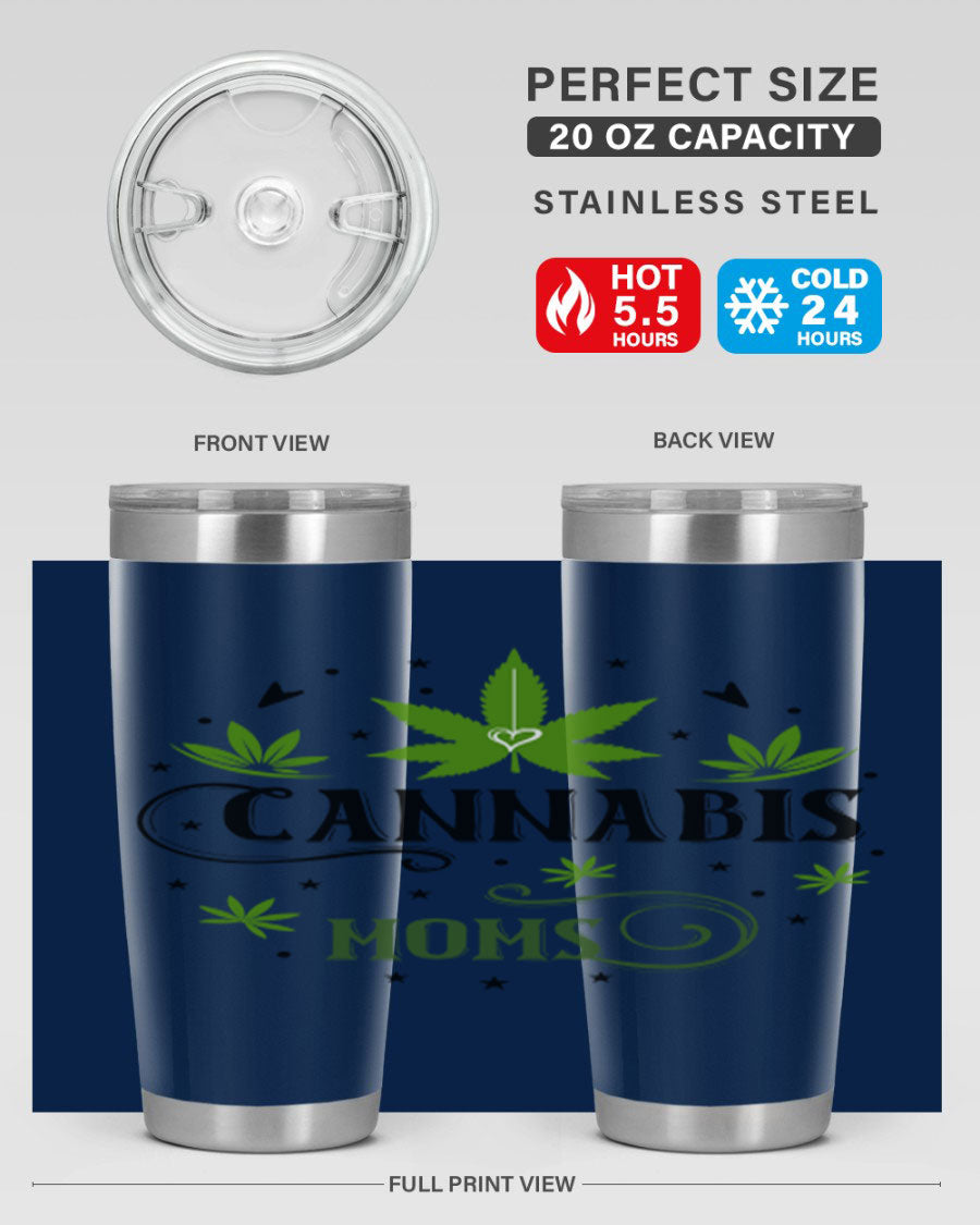 Cannabis Moms 51# Tumbler, a stylish 20oz double wall vacuum stainless steel tumbler with a drink-thru lid, perfect for hot and cold beverages.
