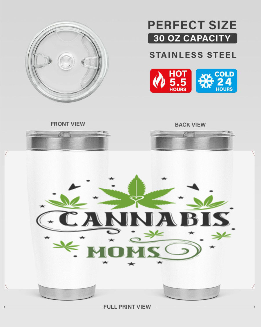 Cannabis Moms 51# Tumbler, a stylish 20oz double wall vacuum stainless steel tumbler with a drink-thru lid, perfect for hot and cold beverages.