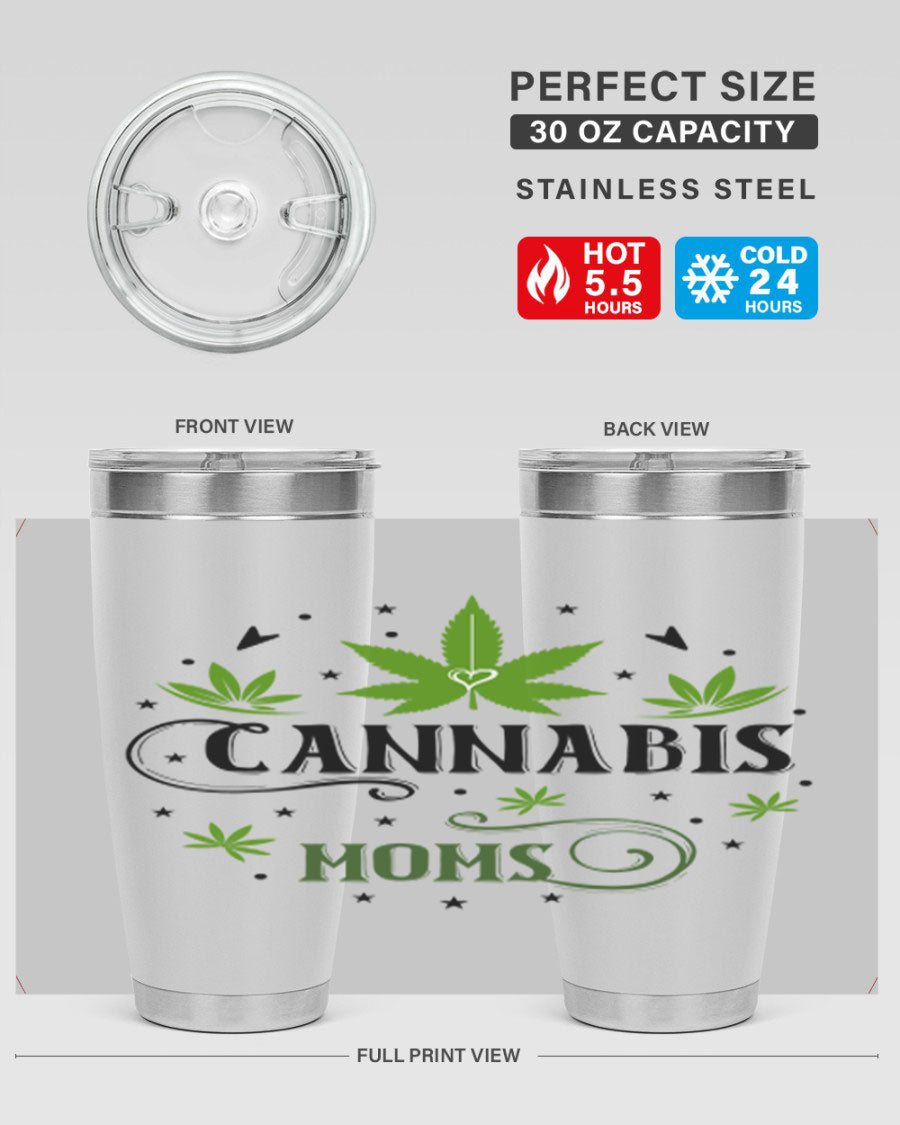 Cannabis Moms 51# Tumbler, a stylish 20oz double wall vacuum stainless steel tumbler with a drink-thru lid, perfect for hot and cold beverages.