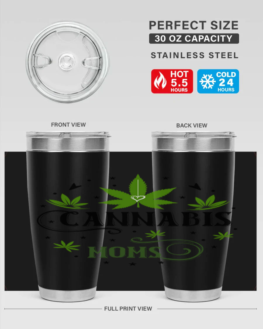 Cannabis Moms 51# Tumbler, a stylish 20oz double wall vacuum stainless steel tumbler with a drink-thru lid, perfect for hot and cold beverages.