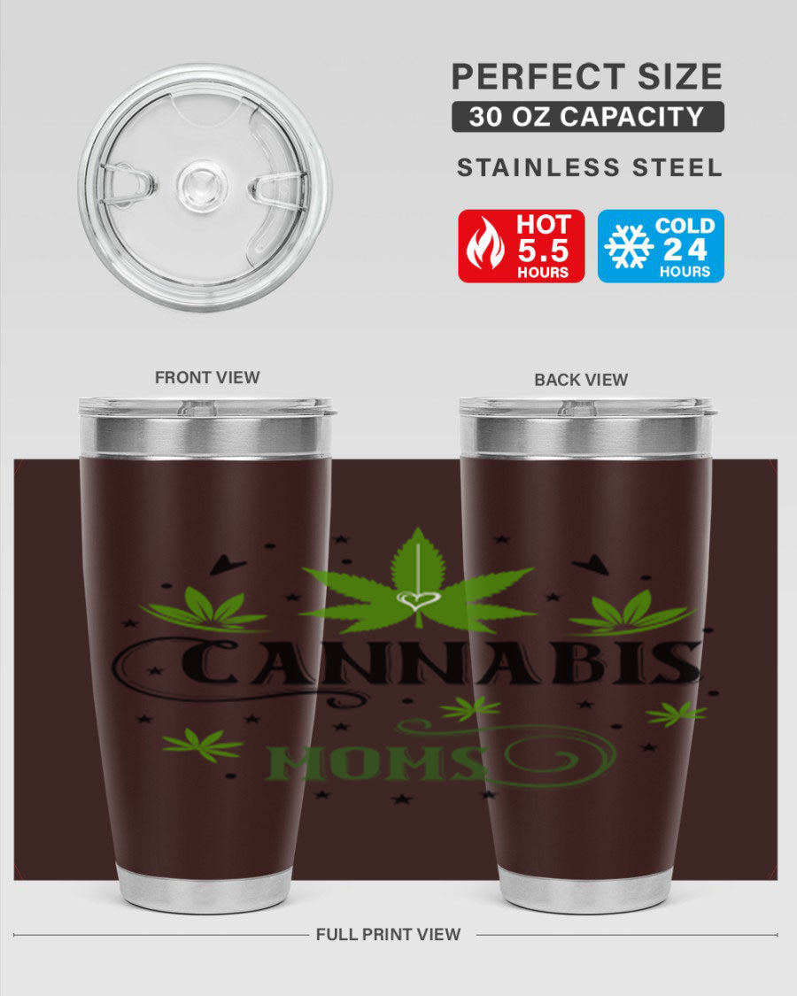 Cannabis Moms 51# Tumbler, a stylish 20oz double wall vacuum stainless steel tumbler with a drink-thru lid, perfect for hot and cold beverages.