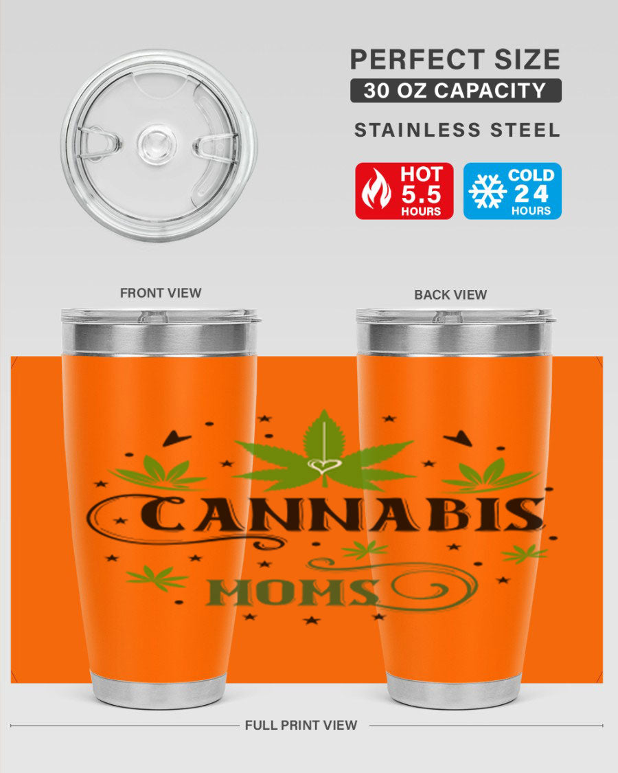 Cannabis Moms 51# Tumbler, a stylish 20oz double wall vacuum stainless steel tumbler with a drink-thru lid, perfect for hot and cold beverages.
