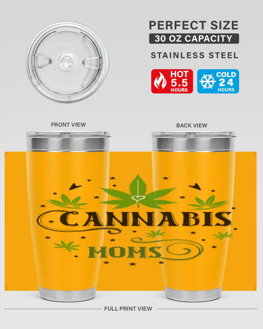 Cannabis Moms 51# Tumbler, a stylish 20oz double wall vacuum stainless steel tumbler with a drink-thru lid, perfect for hot and cold beverages.