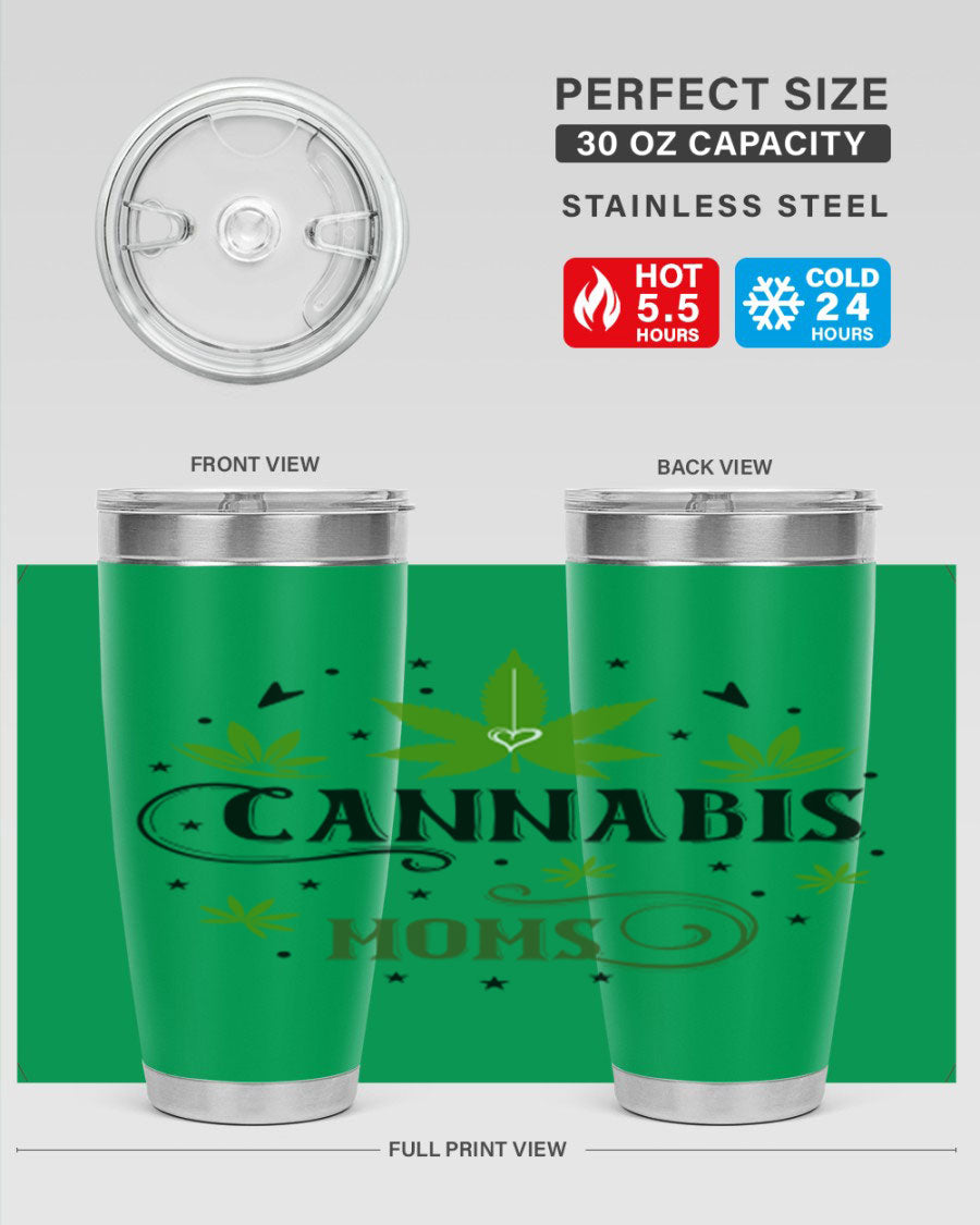 Cannabis Moms 51# Tumbler, a stylish 20oz double wall vacuum stainless steel tumbler with a drink-thru lid, perfect for hot and cold beverages.