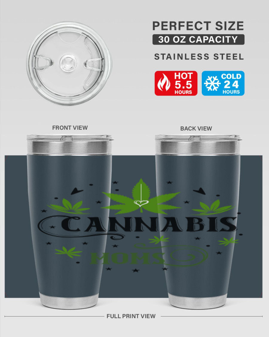 Cannabis Moms 51# Tumbler, a stylish 20oz double wall vacuum stainless steel tumbler with a drink-thru lid, perfect for hot and cold beverages.
