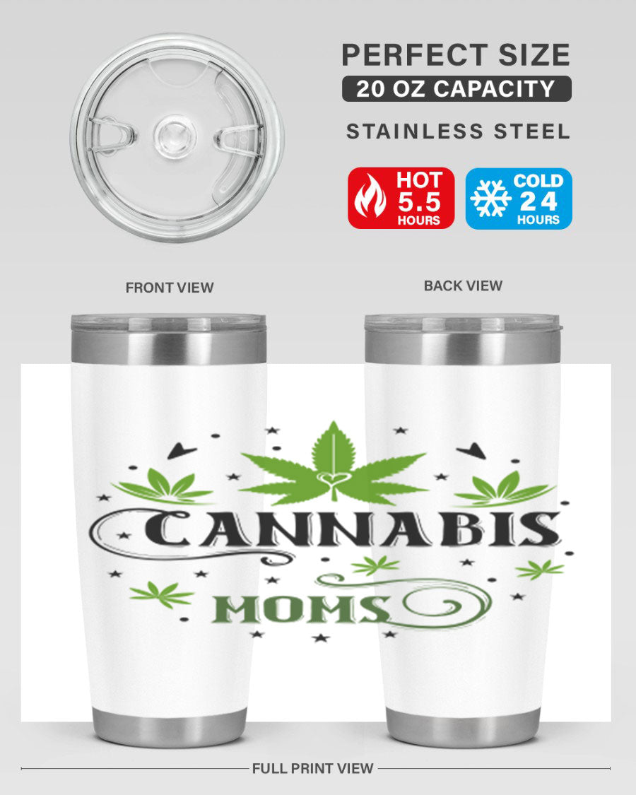 Cannabis Moms 51# Tumbler, a stylish 20oz double wall vacuum stainless steel tumbler with a drink-thru lid, perfect for hot and cold beverages.