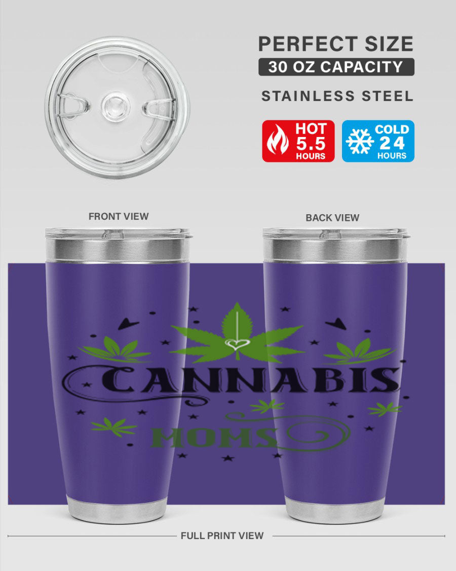 Cannabis Moms 51# Tumbler, a stylish 20oz double wall vacuum stainless steel tumbler with a drink-thru lid, perfect for hot and cold beverages.