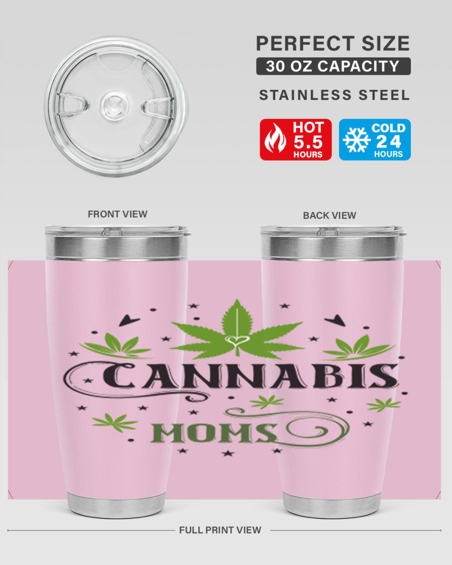 Cannabis Moms 51# Tumbler, a stylish 20oz double wall vacuum stainless steel tumbler with a drink-thru lid, perfect for hot and cold beverages.