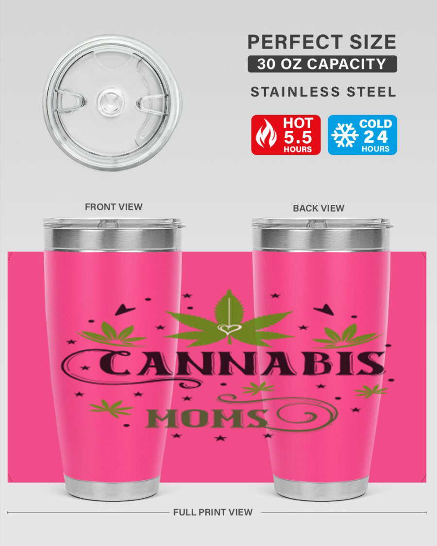 Cannabis Moms 51# Tumbler, a stylish 20oz double wall vacuum stainless steel tumbler with a drink-thru lid, perfect for hot and cold beverages.