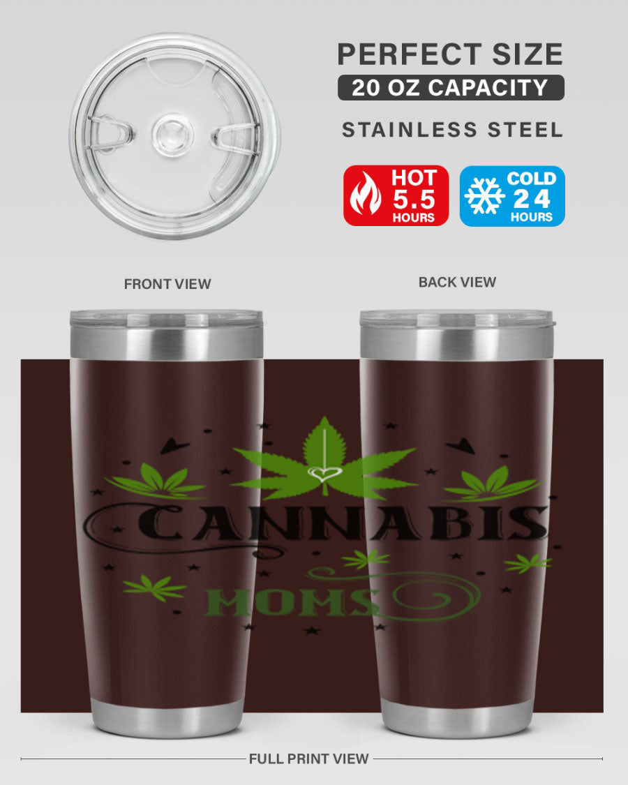 Cannabis Moms 51# Tumbler, a stylish 20oz double wall vacuum stainless steel tumbler with a drink-thru lid, perfect for hot and cold beverages.