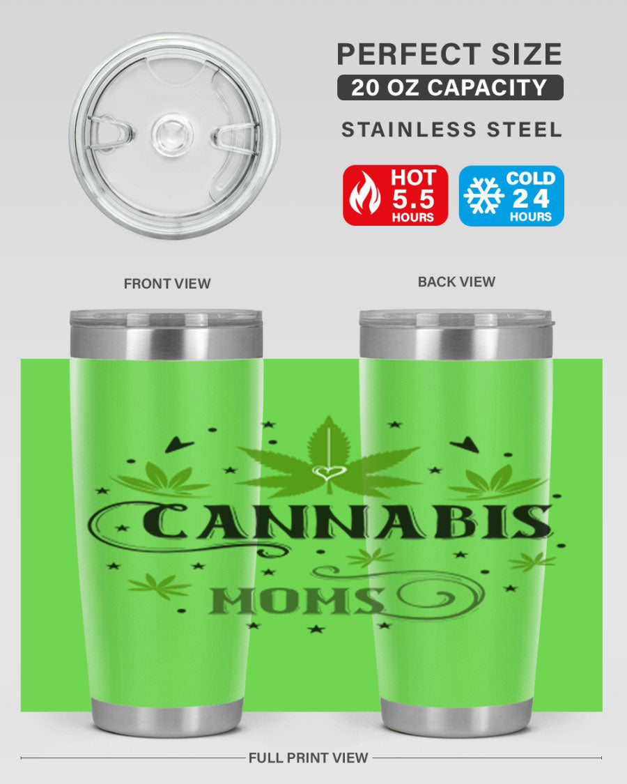 Cannabis Moms 51# Tumbler, a stylish 20oz double wall vacuum stainless steel tumbler with a drink-thru lid, perfect for hot and cold beverages.