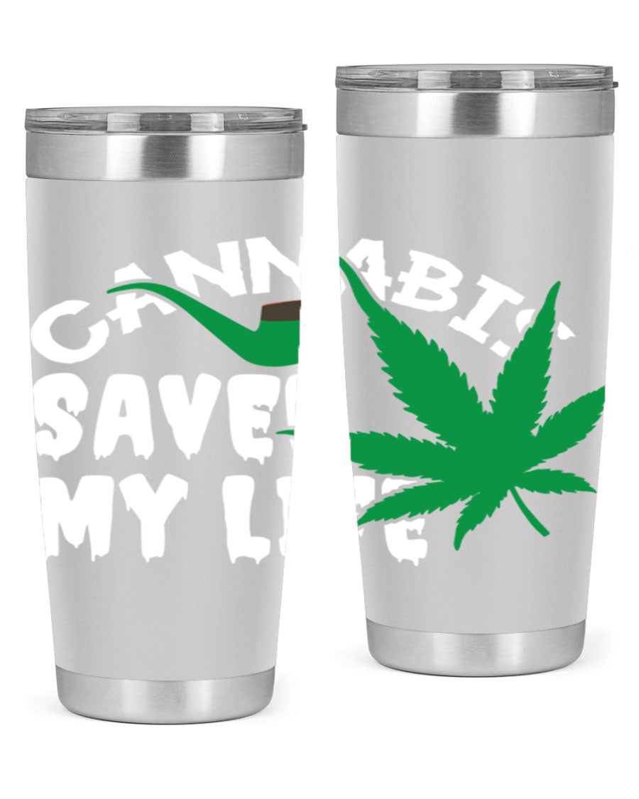 Cannabis Saved My Life 53# Tumbler in stainless steel with vibrant print, showcasing its double wall vacuum design.