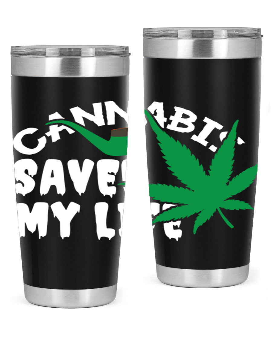 Cannabis Saved My Life 53# Tumbler in stainless steel with vibrant print, showcasing its double wall vacuum design.