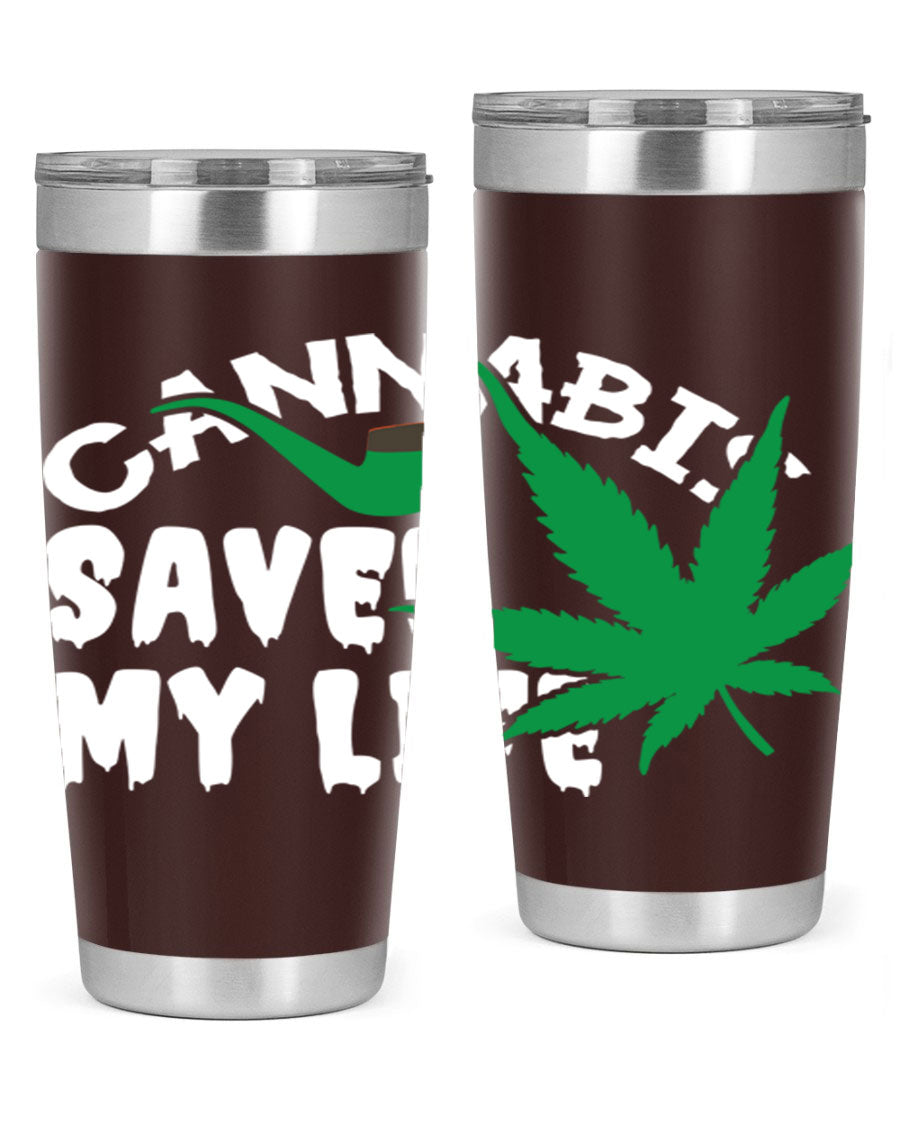 Cannabis Saved My Life 53# Tumbler in stainless steel with vibrant print, showcasing its double wall vacuum design.