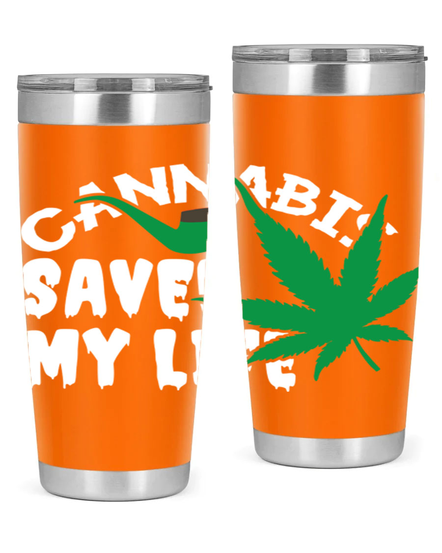 Cannabis Saved My Life 53# Tumbler in stainless steel with vibrant print, showcasing its double wall vacuum design.