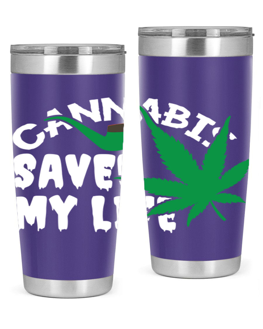 Cannabis Saved My Life 53# Tumbler in stainless steel with vibrant print, showcasing its double wall vacuum design.