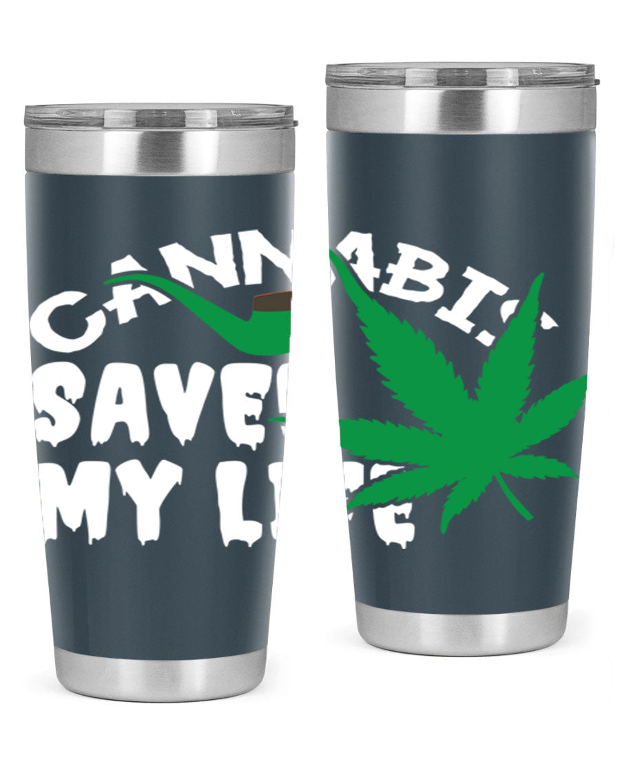 Cannabis Saved My Life 53# Tumbler in stainless steel with vibrant print, showcasing its double wall vacuum design.