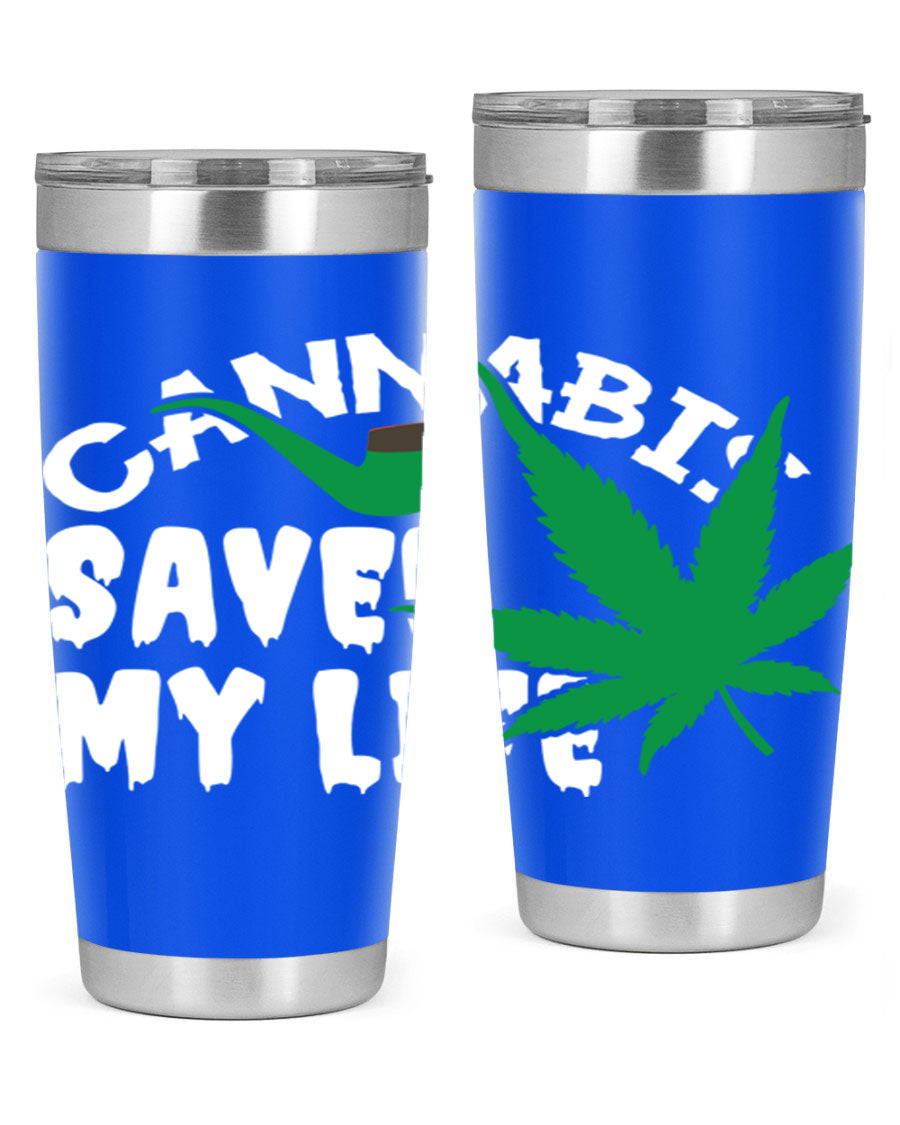 Cannabis Saved My Life 53# Tumbler in stainless steel with vibrant print, showcasing its double wall vacuum design.
