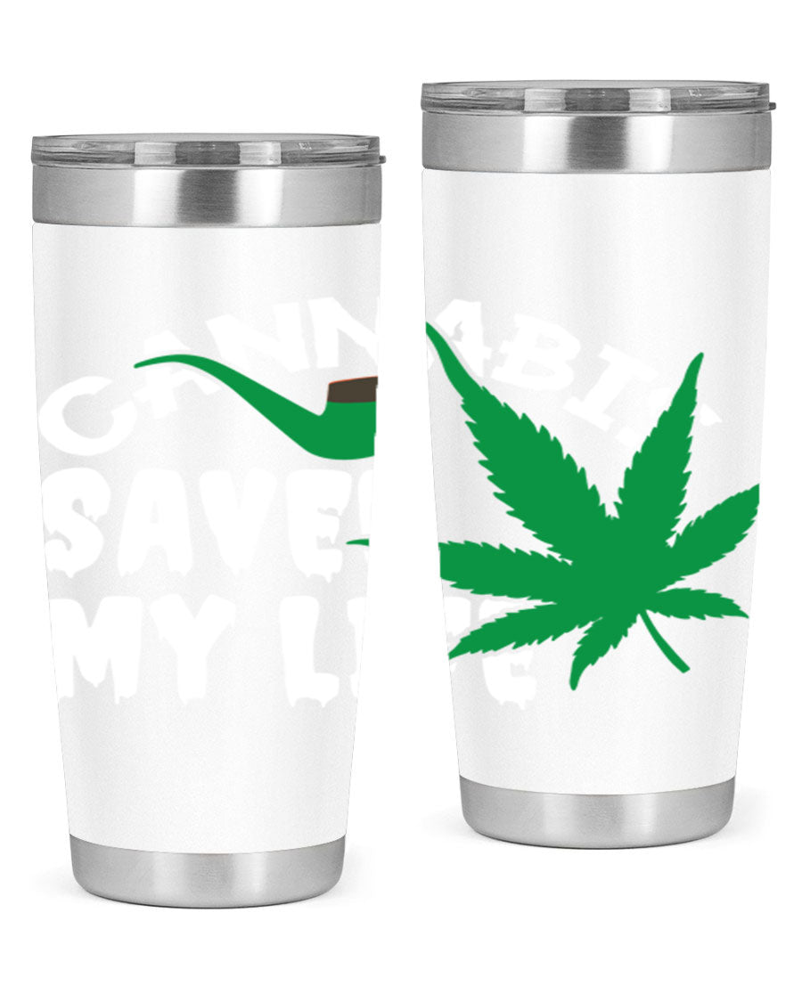 Cannabis Saved My Life 53# Tumbler in stainless steel with vibrant print, showcasing its double wall vacuum design.