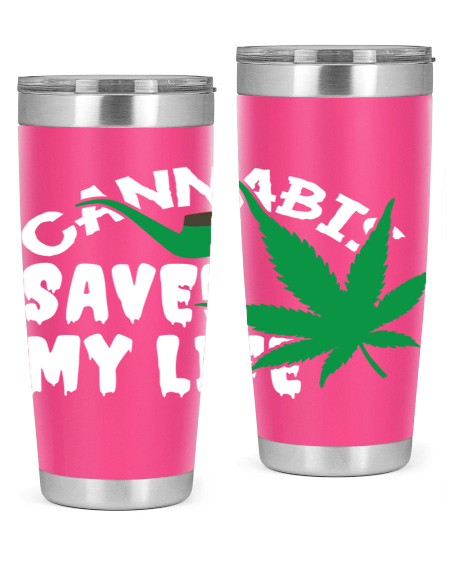 Cannabis Saved My Life 53# Tumbler in stainless steel with vibrant print, showcasing its double wall vacuum design.