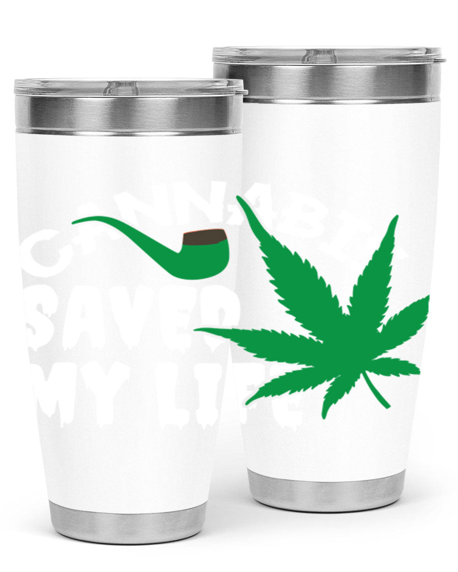 Cannabis Saved My Life 53# Tumbler in stainless steel with vibrant print, showcasing its double wall vacuum design.