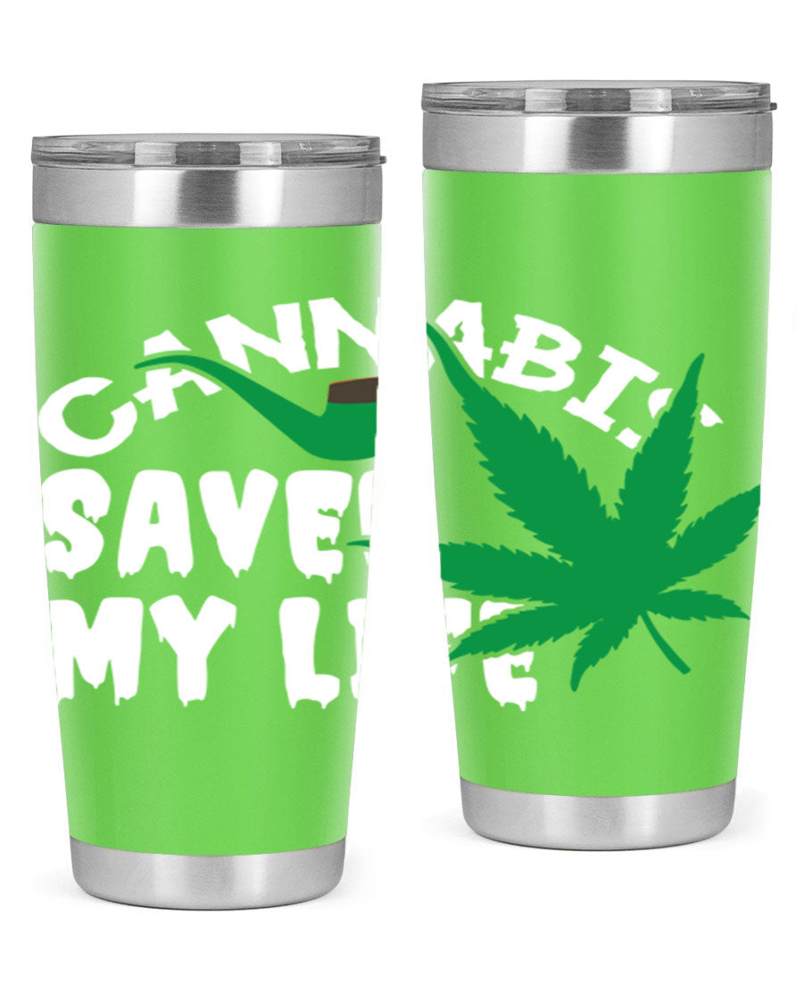 Cannabis Saved My Life 53# Tumbler in stainless steel with vibrant print, showcasing its double wall vacuum design.