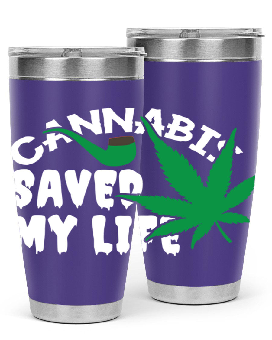 Cannabis Saved My Life 53# Tumbler in stainless steel with vibrant print, showcasing its double wall vacuum design.