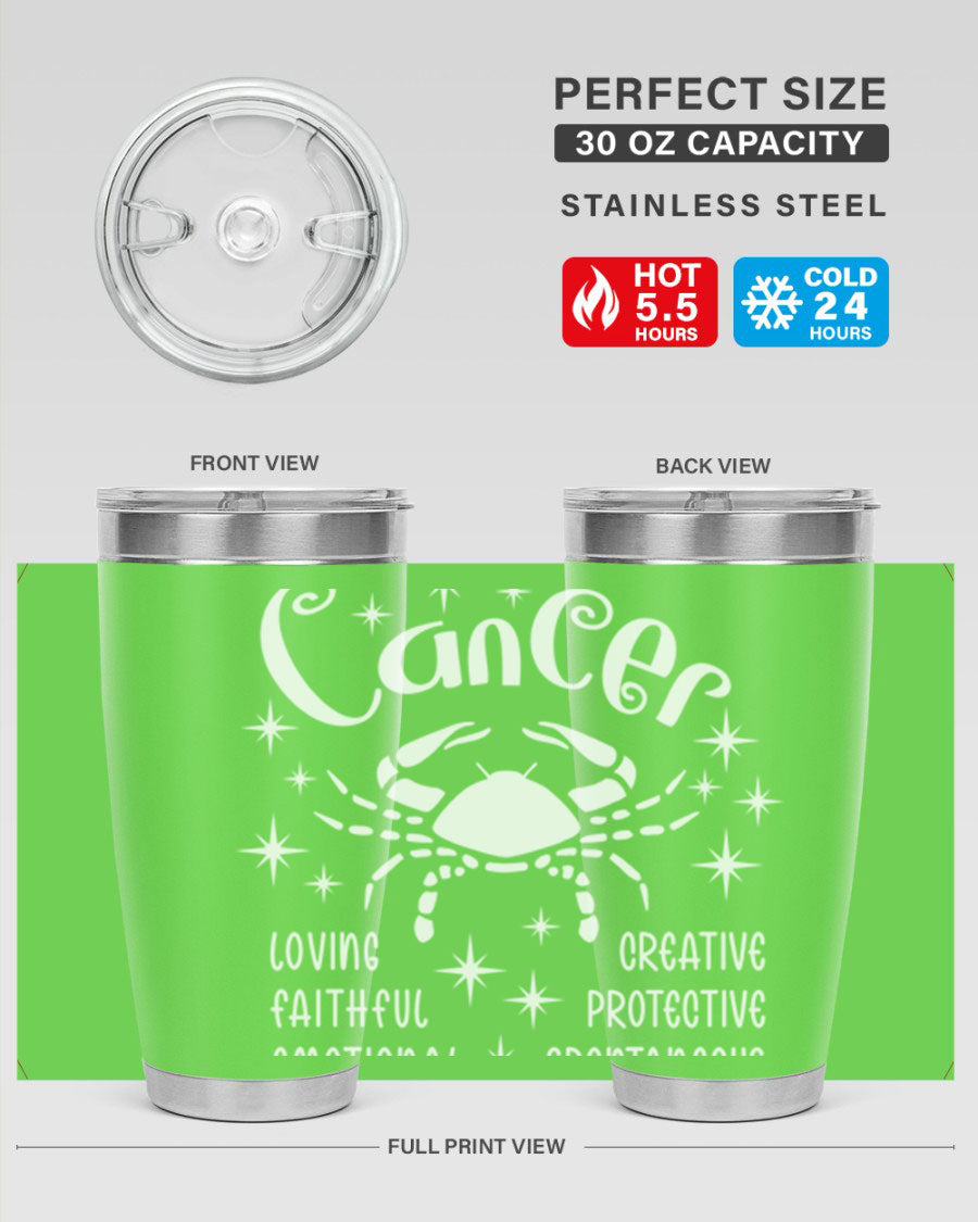 Cancer 150# Zodiac Tumbler in stainless steel with a drink-thru lid, showcasing its sleek design and astrological theme.