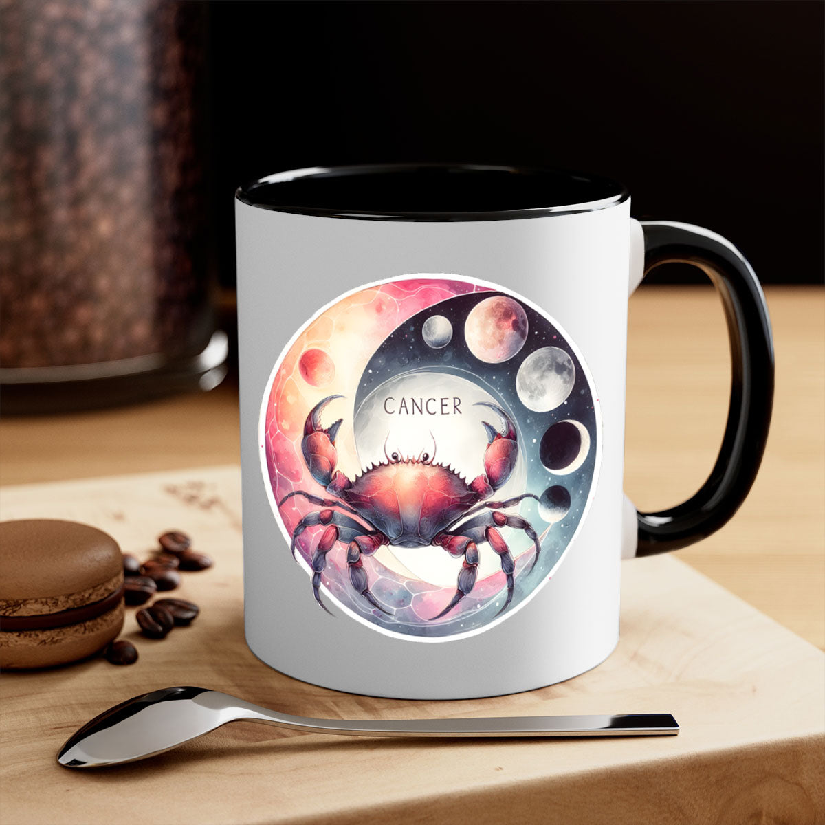 Cancer 166# Zodiac Mug with a glossy finish, featuring a colored handle and interior, available in multiple colors and sizes.