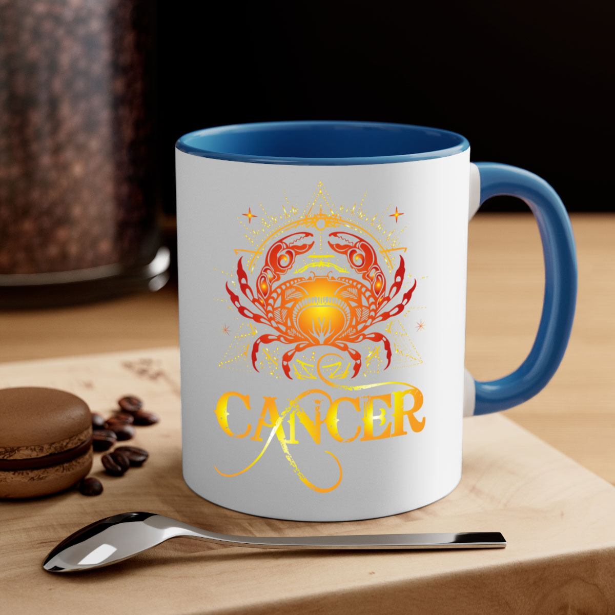 Cancer 163# Zodiac Mug with colored handle and glossy finish, available in multiple colors and sizes.