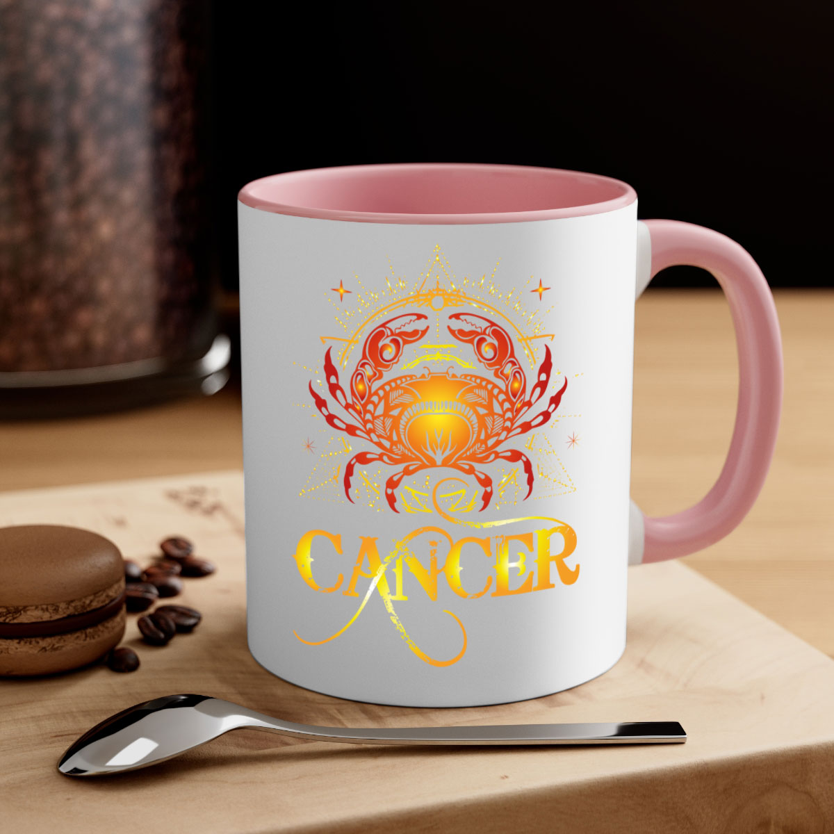 Cancer 163# Zodiac Mug with colored handle and glossy finish, available in multiple colors and sizes.