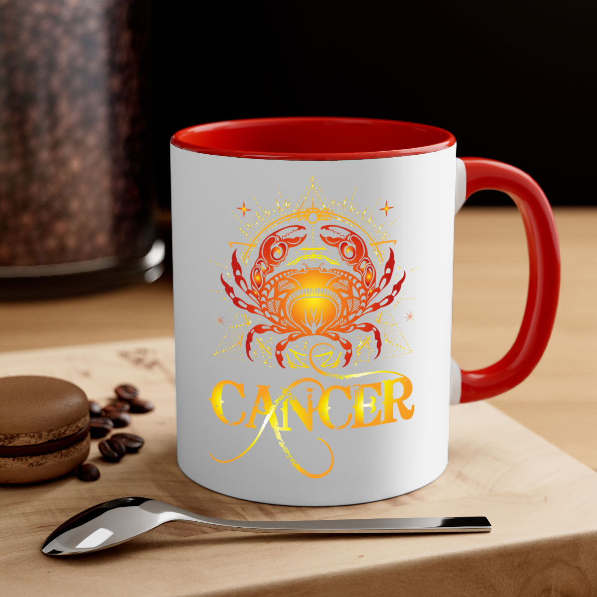 Cancer 163# Zodiac Mug with colored handle and glossy finish, available in multiple colors and sizes.
