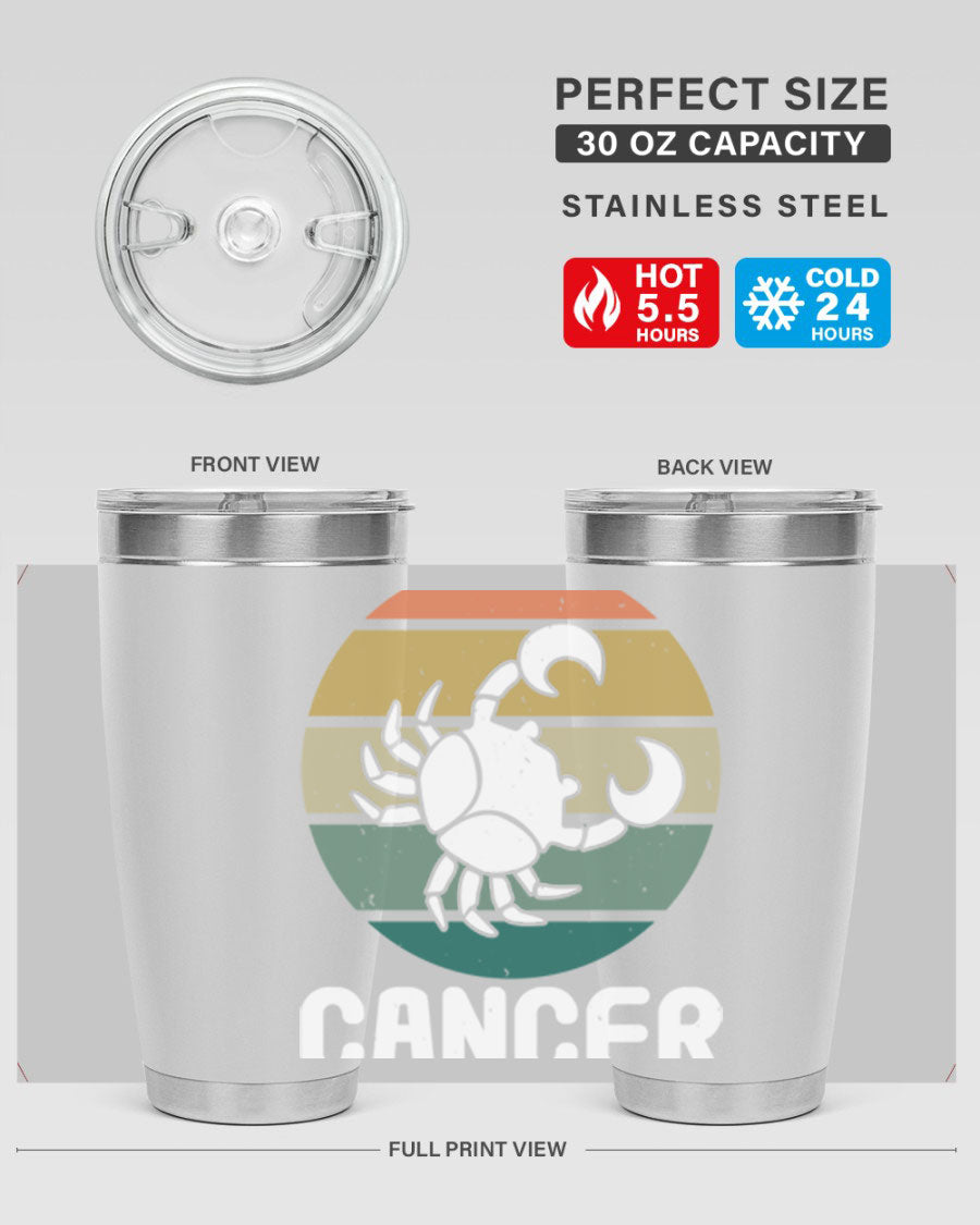 Cancer 165# Zodiac Tumbler in stainless steel with a zodiac design, featuring a drink-thru lid and double wall vacuum insulation.
