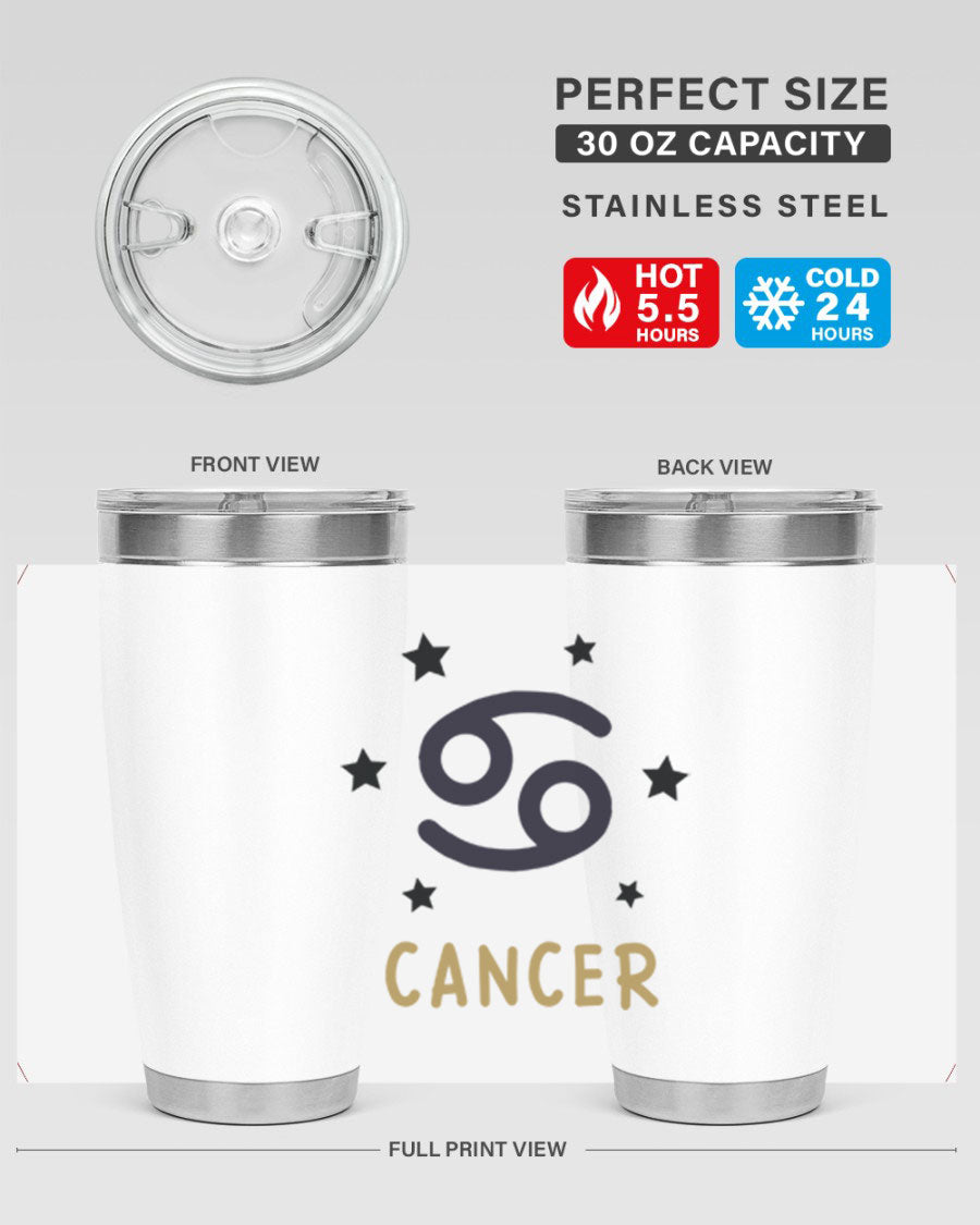 Cancer 172# Zodiac Tumbler in stainless steel with a stylish design, featuring a drink-thru lid and vibrant zodiac print.