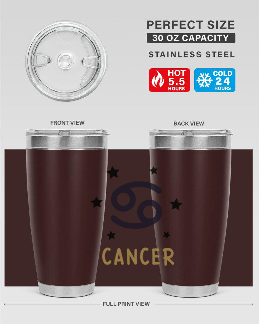 Cancer 172# Zodiac Tumbler in stainless steel with a stylish design, featuring a drink-thru lid and vibrant zodiac print.