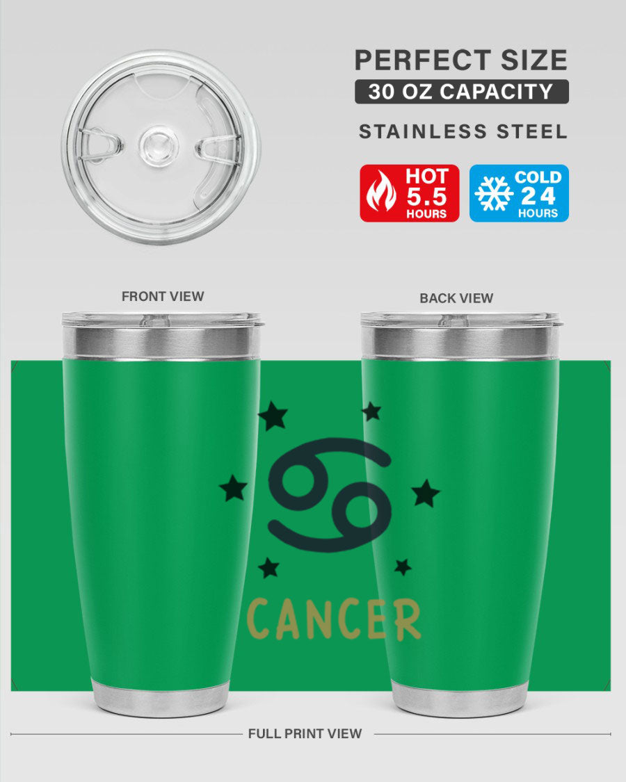 Cancer 172# Zodiac Tumbler in stainless steel with a stylish design, featuring a drink-thru lid and vibrant zodiac print.
