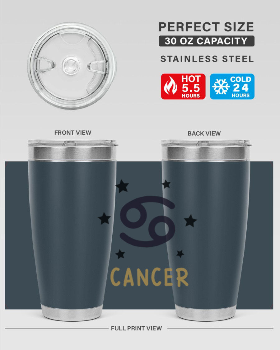 Cancer 172# Zodiac Tumbler in stainless steel with a stylish design, featuring a drink-thru lid and vibrant zodiac print.
