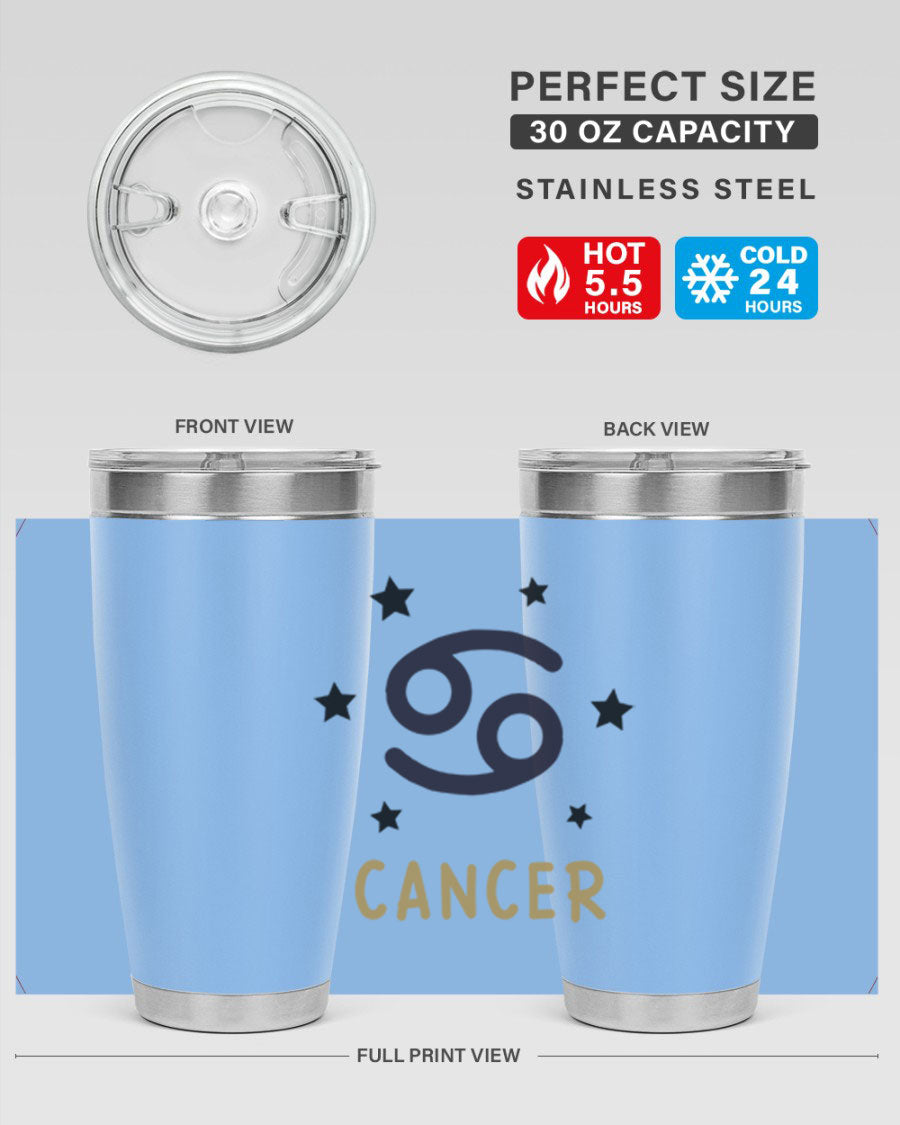 Cancer 172# Zodiac Tumbler in stainless steel with a stylish design, featuring a drink-thru lid and vibrant zodiac print.