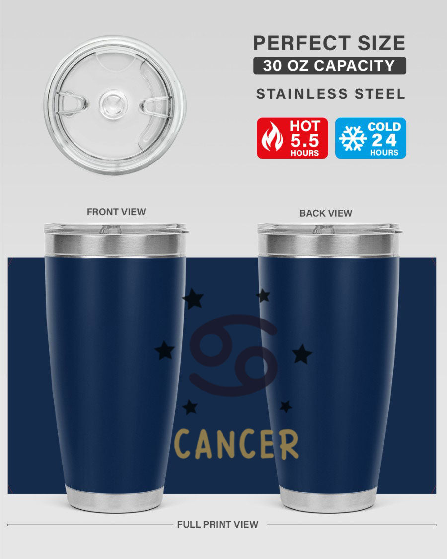 Cancer 172# Zodiac Tumbler in stainless steel with a stylish design, featuring a drink-thru lid and vibrant zodiac print.