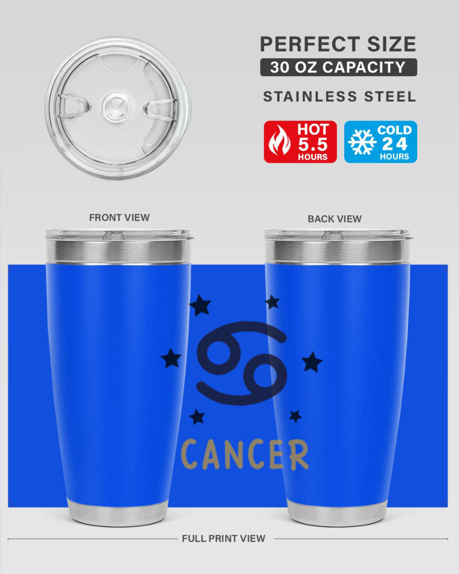Cancer 172# Zodiac Tumbler in stainless steel with a stylish design, featuring a drink-thru lid and vibrant zodiac print.