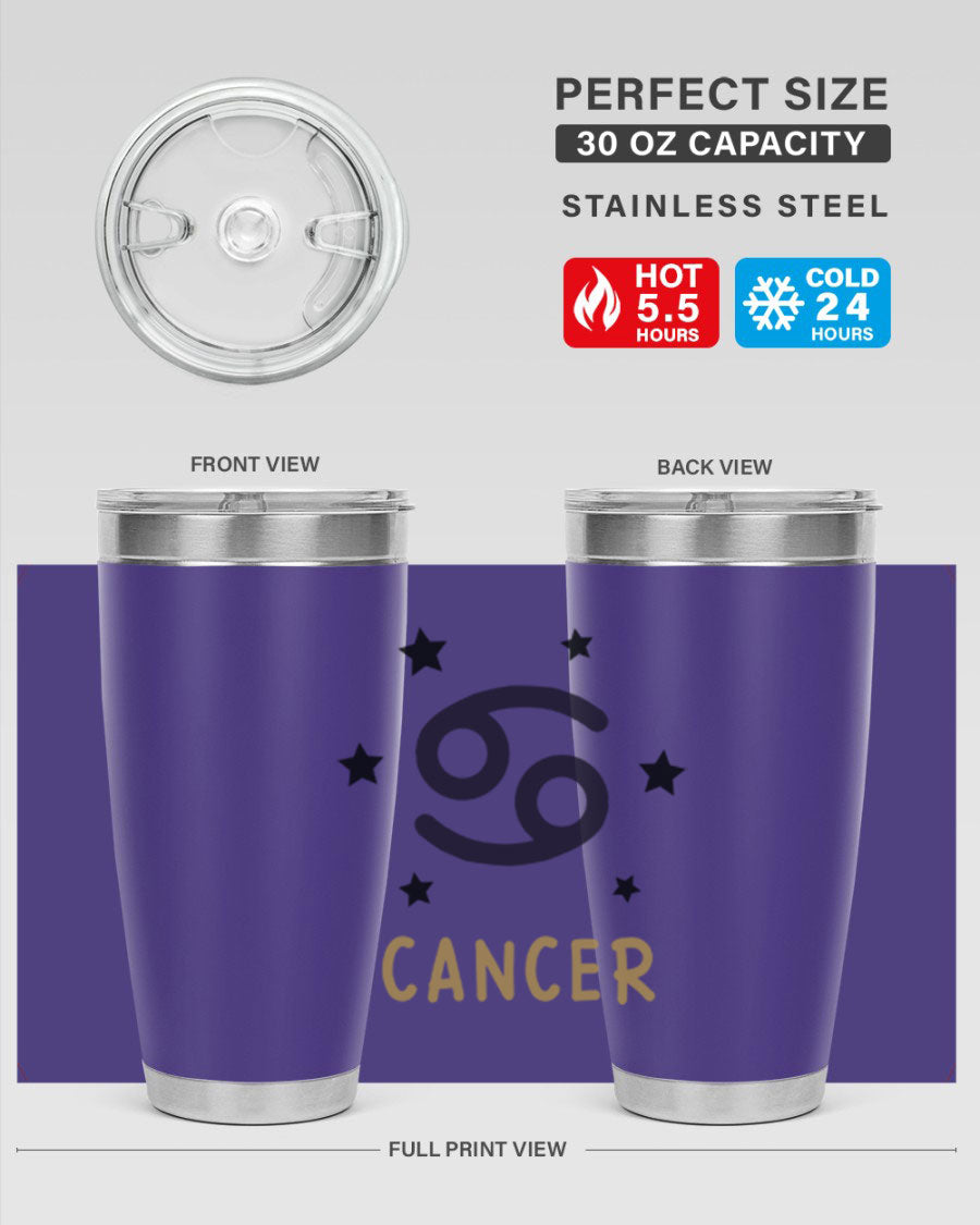 Cancer 172# Zodiac Tumbler in stainless steel with a stylish design, featuring a drink-thru lid and vibrant zodiac print.
