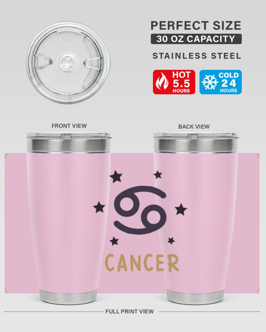 Cancer 172# Zodiac Tumbler in stainless steel with a stylish design, featuring a drink-thru lid and vibrant zodiac print.