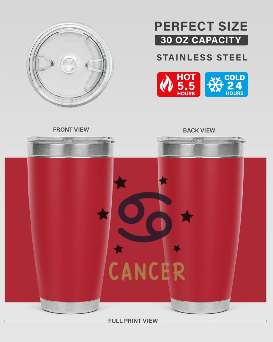 Cancer 172# Zodiac Tumbler in stainless steel with a stylish design, featuring a drink-thru lid and vibrant zodiac print.