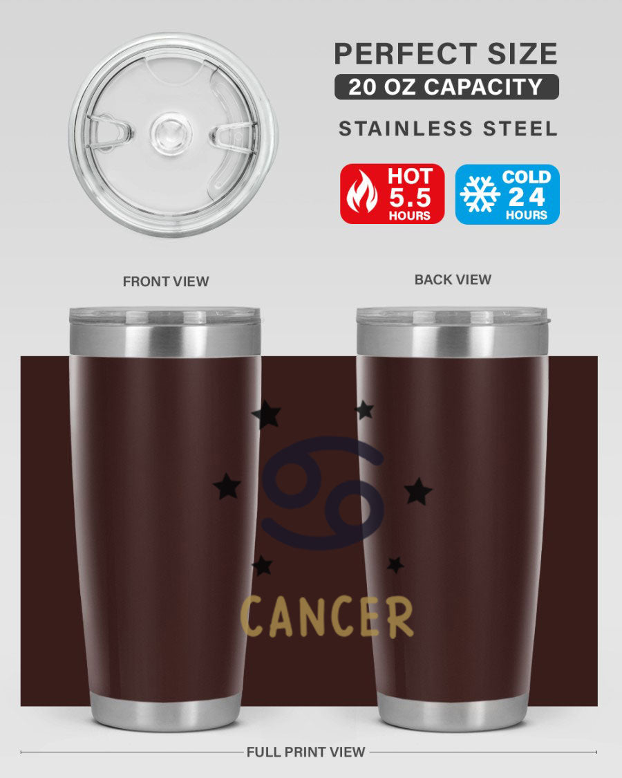 Cancer 172# Zodiac Tumbler in stainless steel with a stylish design, featuring a drink-thru lid and vibrant zodiac print.