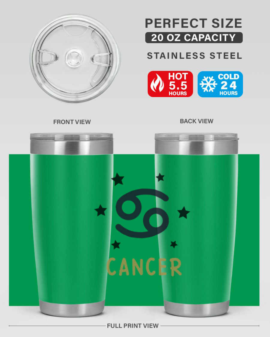 Cancer 172# Zodiac Tumbler in stainless steel with a stylish design, featuring a drink-thru lid and vibrant zodiac print.